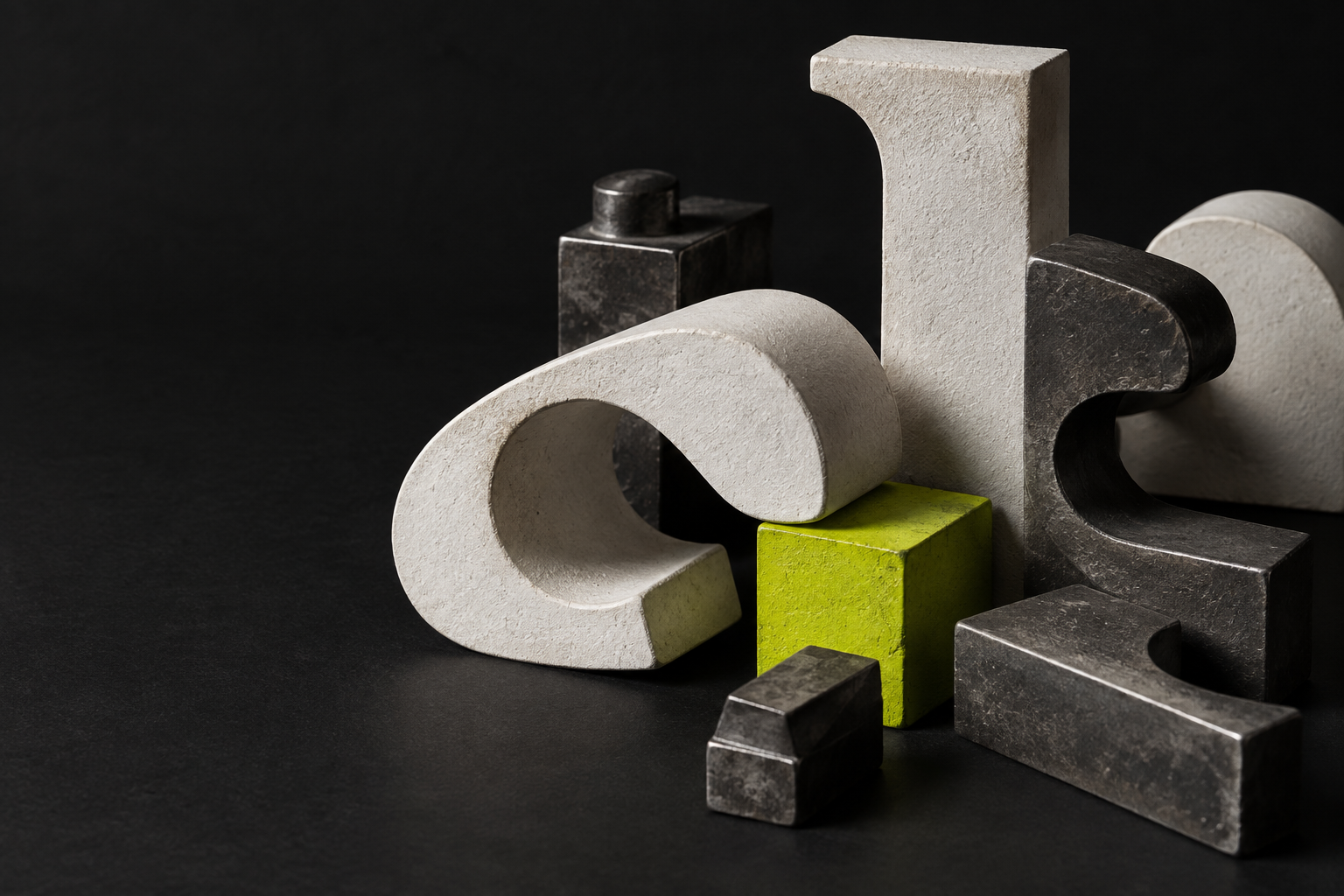 Sculptural letterforms in chalk white and charcoal, punctuated by a single lime form.